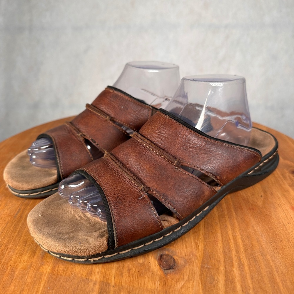 Dr. Scholl's Slide Sandals Mens 9 Brown Good Leather Triple Strap Comfort Slide